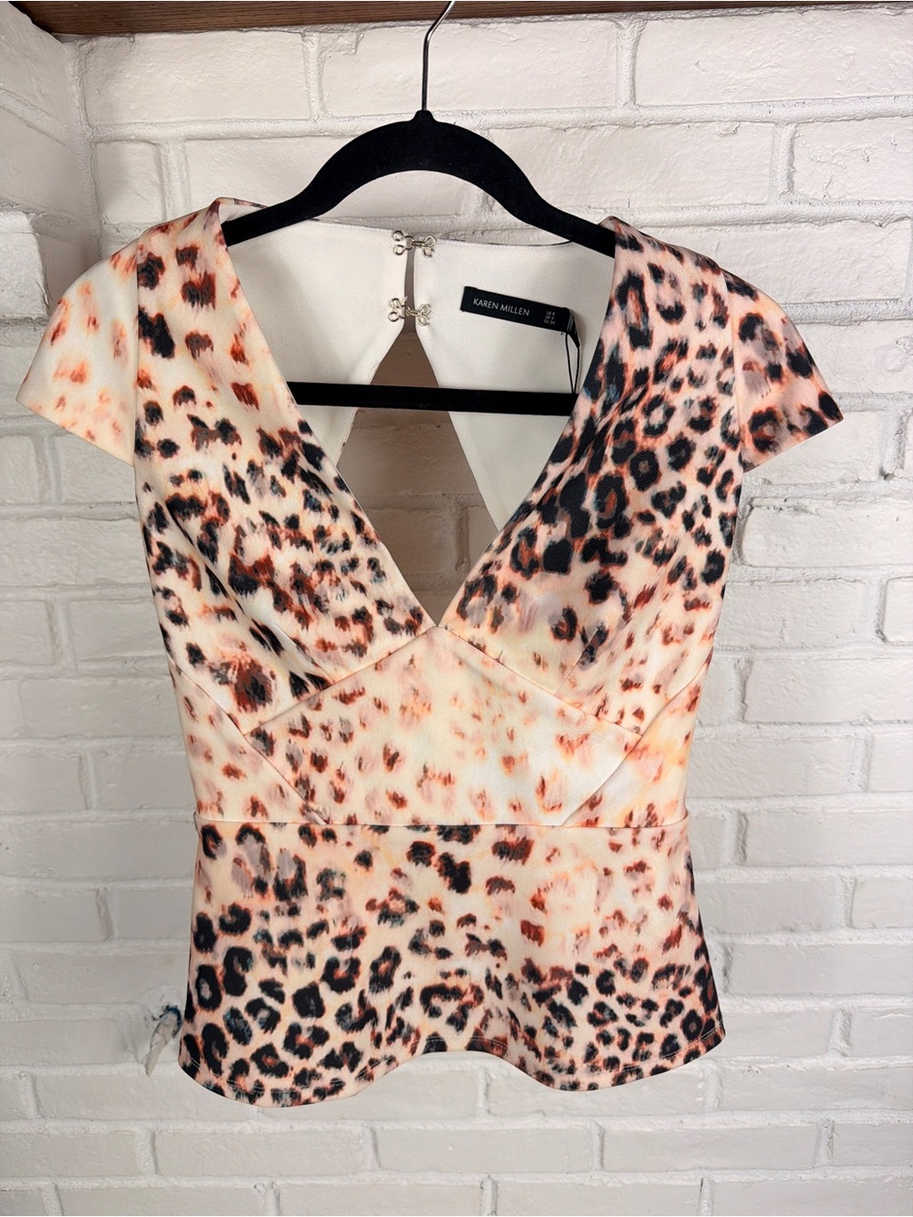Karen Millen‎ Leopard Print Plunge Peplum Top Stretch Elegant Size 4